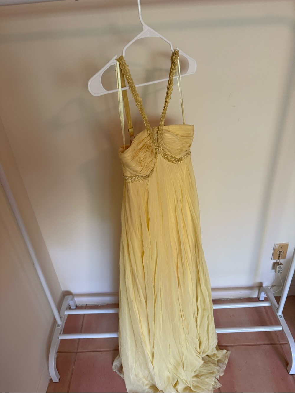 Yellow Pleated Maxi Dress with Braided Straps BCBG SILK